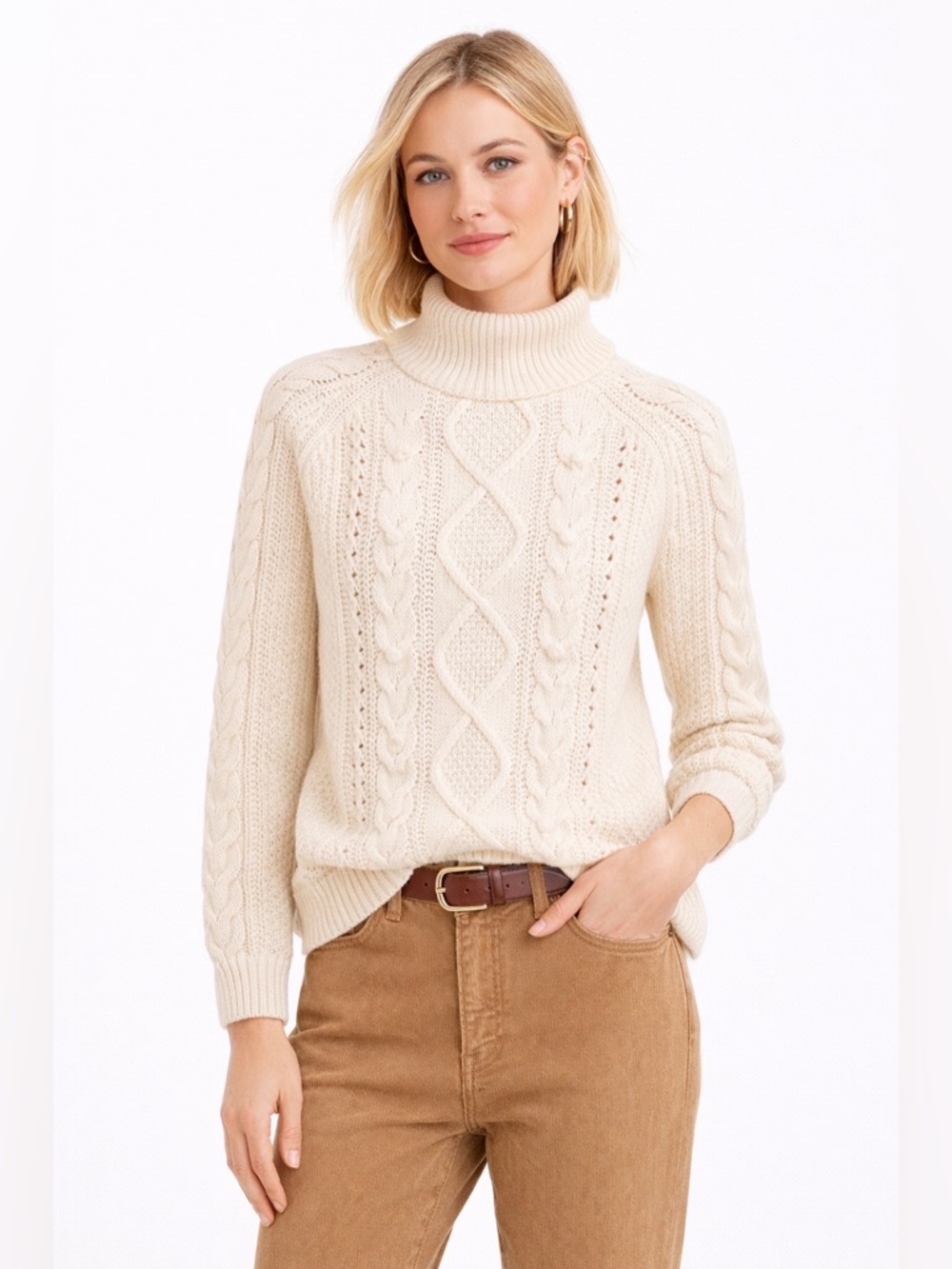J. Crew Lambswool Blend Pom Pom Cable Knit Sweater Ivory Size Medium Capsule